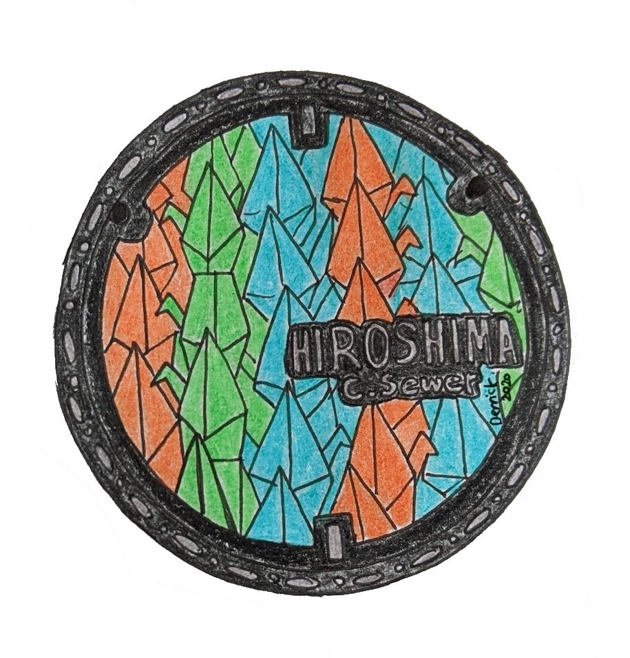 Drawing of Hiroshima sewer cover design colorful paper crane manhole cover