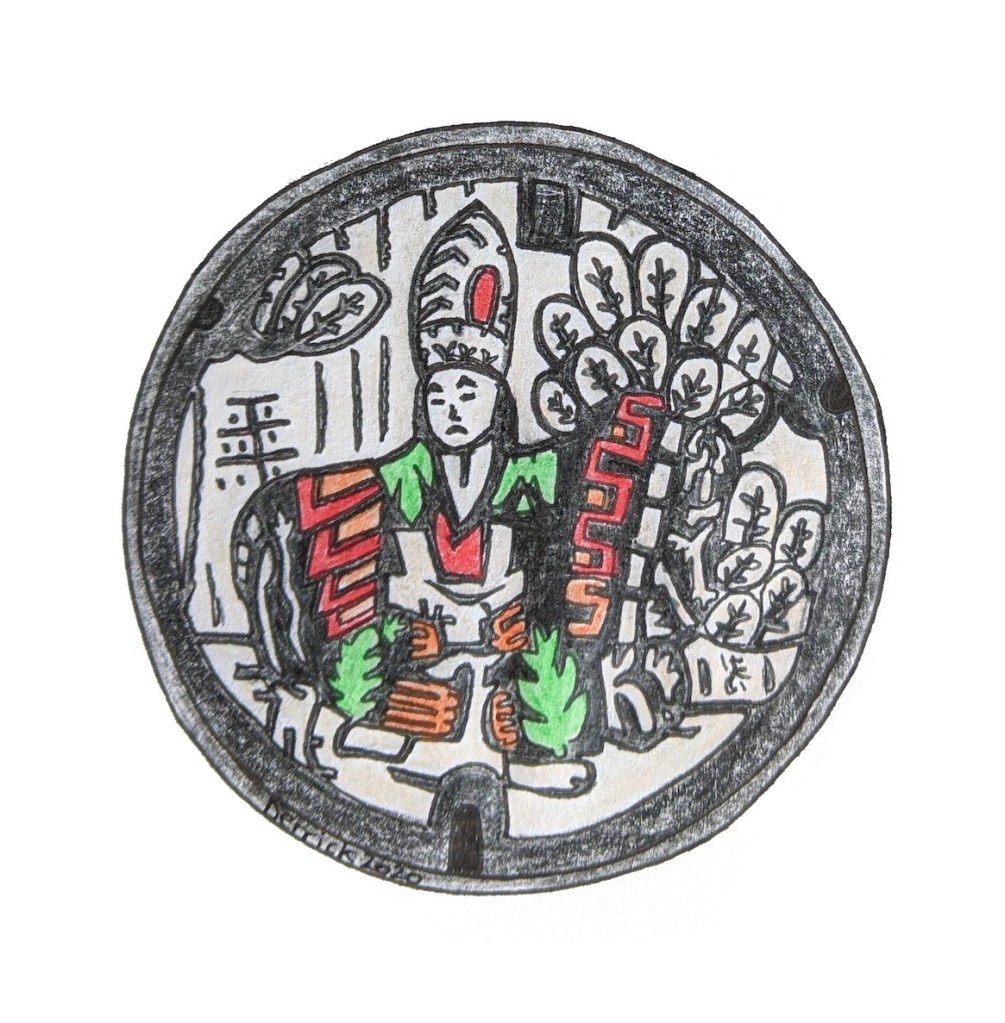 Drawing of Japanese manhole cover sketch hachioji puppet figure