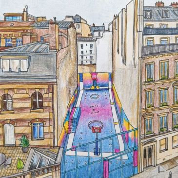Paris colourful basketball court Pigalle between buildings