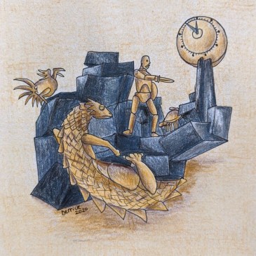 drawing of the defenseur du temps sculpture in the Quartier de l'Horloge