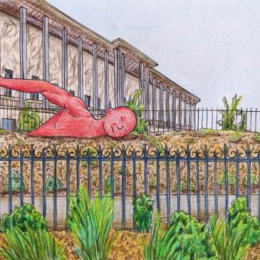 Red swimmer paris statue at Porte Doree