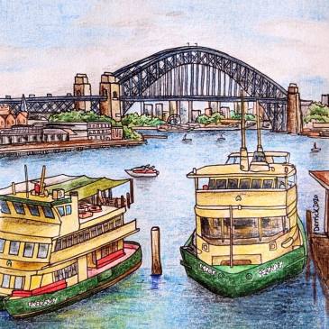 Urban sketching Sydney harbour landscape of sydney ferries and harbour bridge