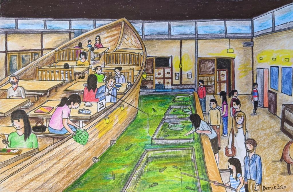 Restaurant in Japan Catch your own fish Zauo wooden boat tables