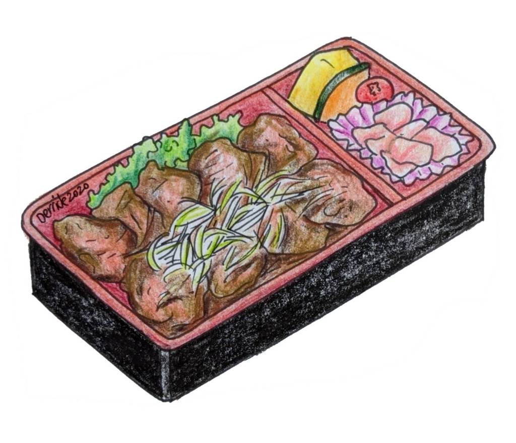 Drawing of Japanese ekiben with sliced wagyu beef
