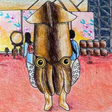 Drawing of a Cute kawaii squid mascot in Hakodate japan