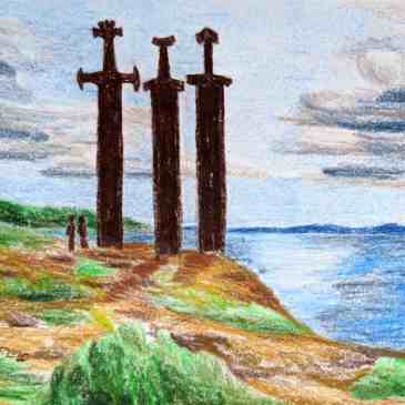 Epic three sword sculpture in Norway's fjords for Harald Fairhair