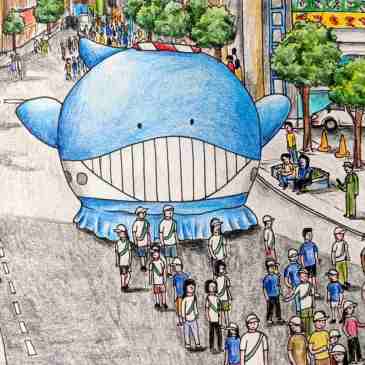 Drawing of Japanese whale festival in Akishima cute whale parade