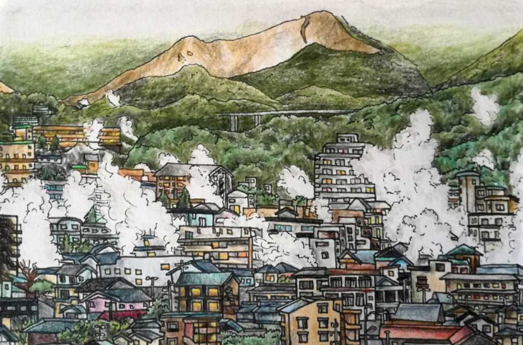 Drawing of beppu landscape geothermal springs steam clouds