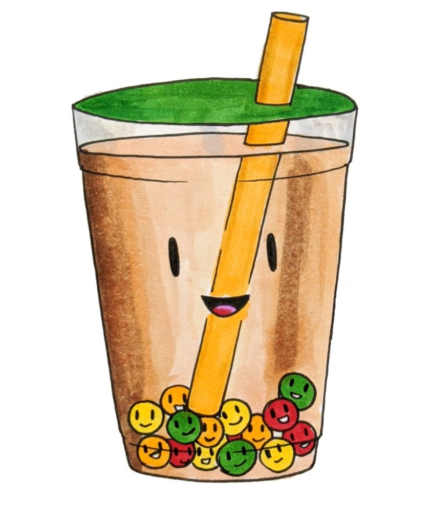 Adorable cartoon bubble tea boba tea popping pearls colours