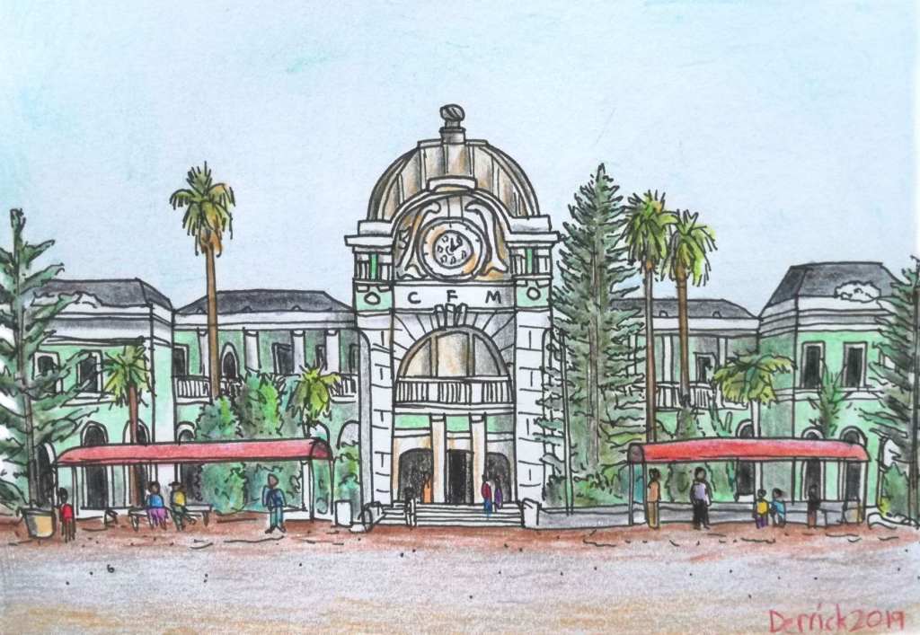 Drawing of maputo central train station urban sketching Africa Mozambique