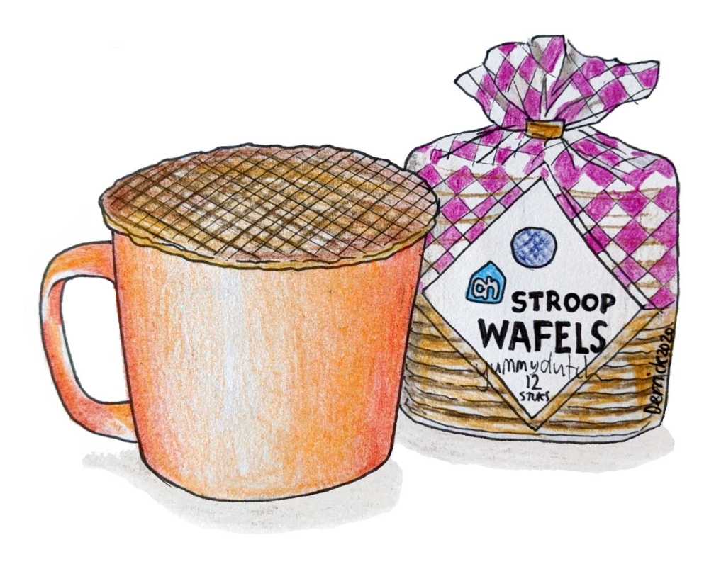Drawing of a packet of stroopwafels with a stroopwafel placed on a coffee cup