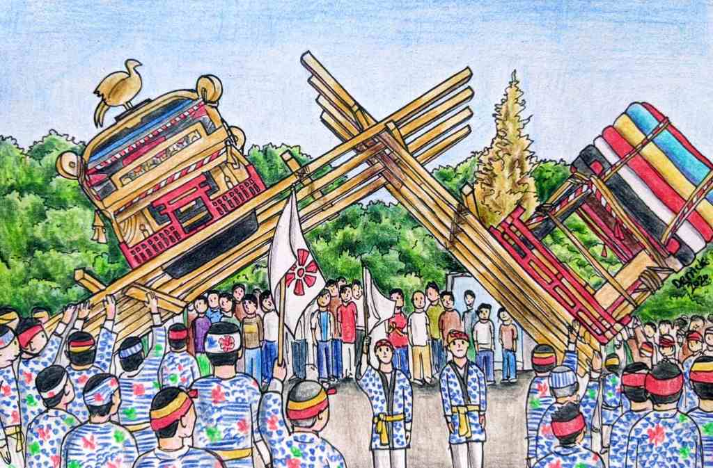 Drawing of two shrines fighting at the Imari ton ten ton matsuri festival