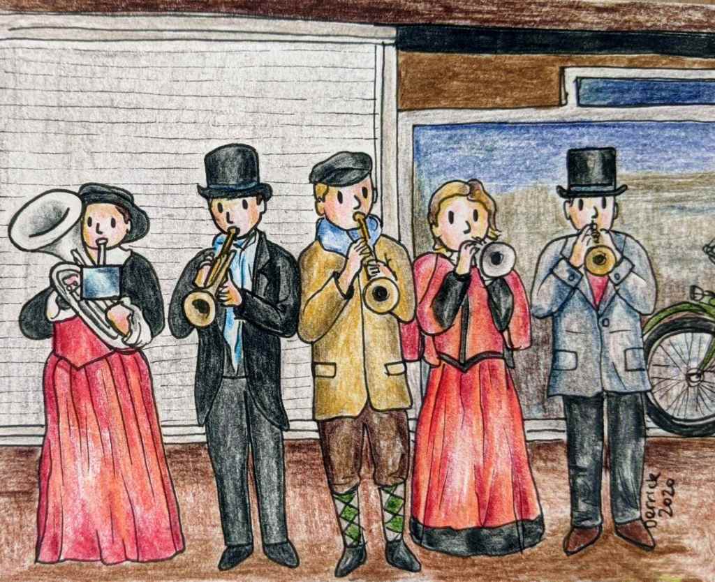 Drawing of cartoon figures playing trumpets at Haarlem Christmas market