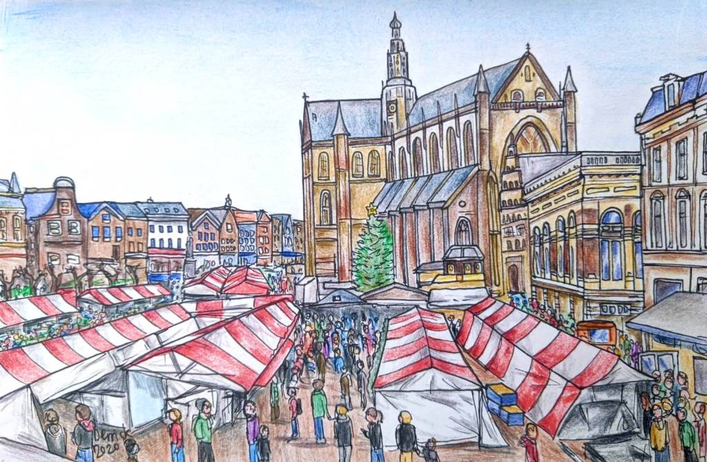 Drawing of Haarlem christmas markets with the st bavokerk cathedral
