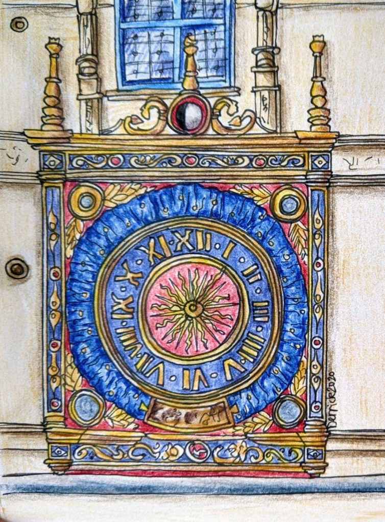 Urban sketch of Rouen astronomical clock Le Gros Horloge Clock Face