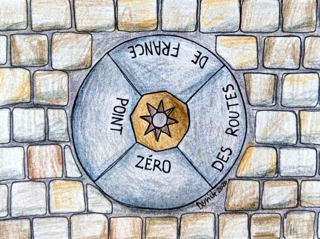 Sketch of the point zero des routes de france bronze marker at the Notre Dame