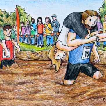 Drawing of competitive wife carrying in Finland