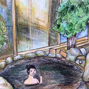 Drawing of Japanese black onsen Yumori no Sato tokyo
