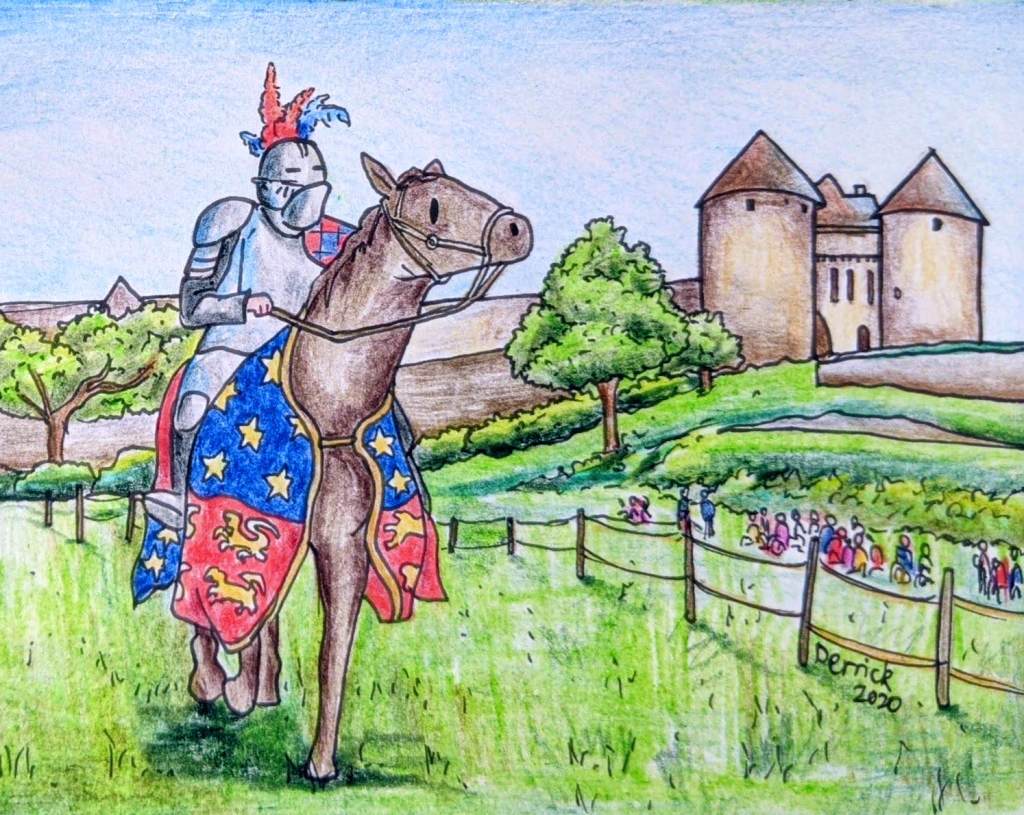 Drawing of a cosplay knight at French castle chateau berze-le-chatel