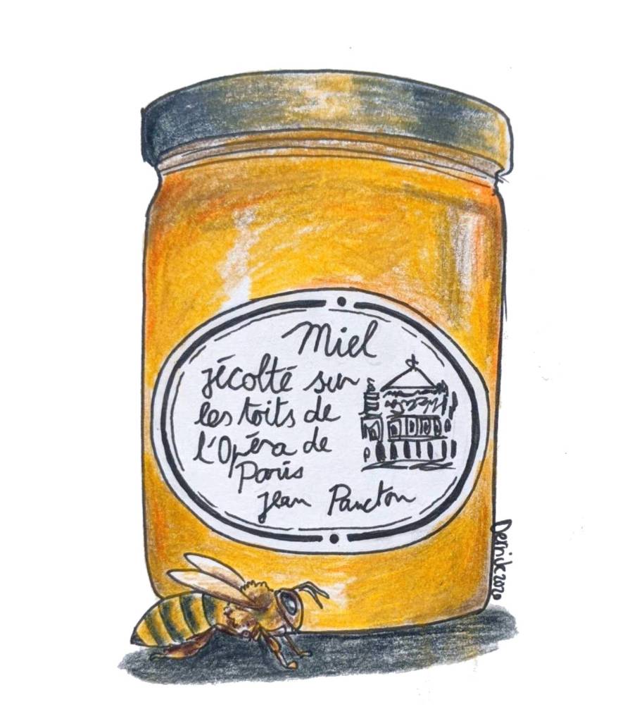 Drawing of a jar of paris honey made on the rooftops of Paris