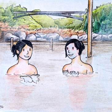 Drawing of two women bathing in a mud hot spring in Beppu Japan