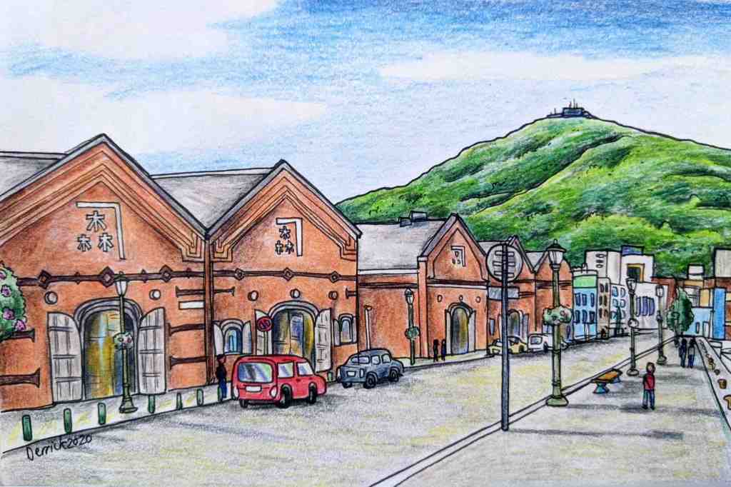 Drawing of red brick warehouses in the old port of Hakodate