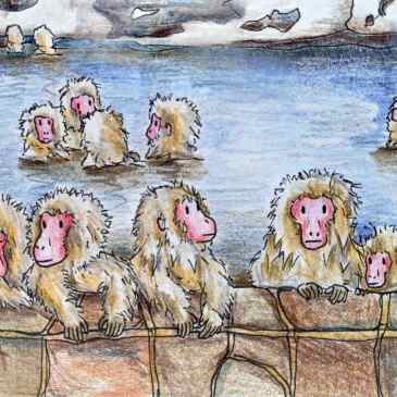 Drawing of Japanese macaques bathing in Jigokudani Monkey Park hot springs onsen