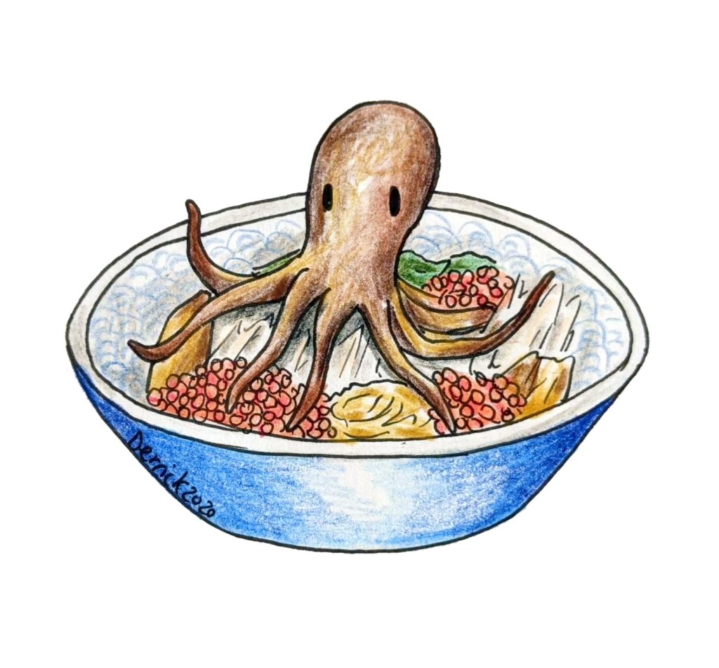 Drawing of dancing squid bowl hakodate seafood speciality