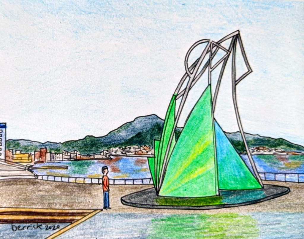 Drawing of Hakodate squid fishing monument statue