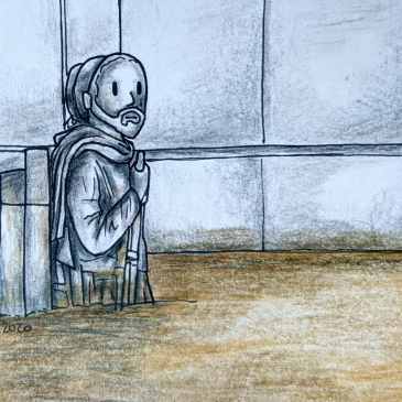 Drawing of Zouave Infantryman statue in Paris Seine flooded high tide