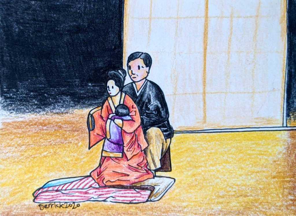 drawing of Nishikawa Koryu V of the Hachioji Kuruma Ningyo puppet company