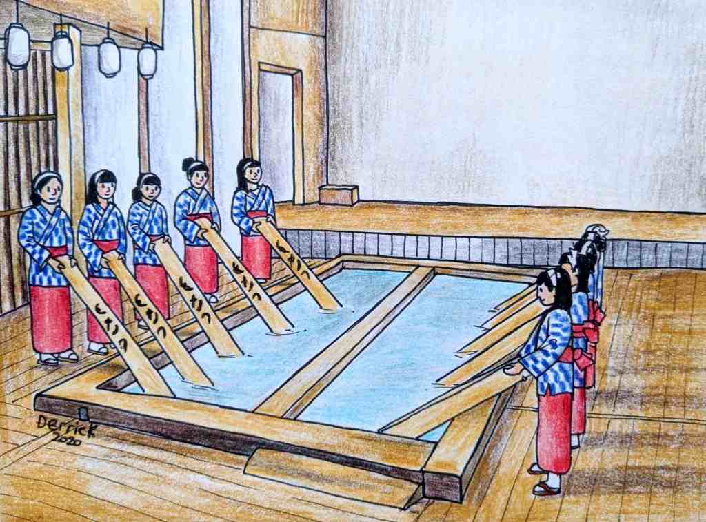 Drawing of women performing yumomi water stirring at Kusatsu onsen