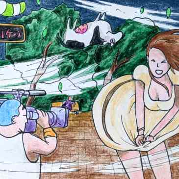 Drawing of Sega Toylet video game urinal skirt blowing game