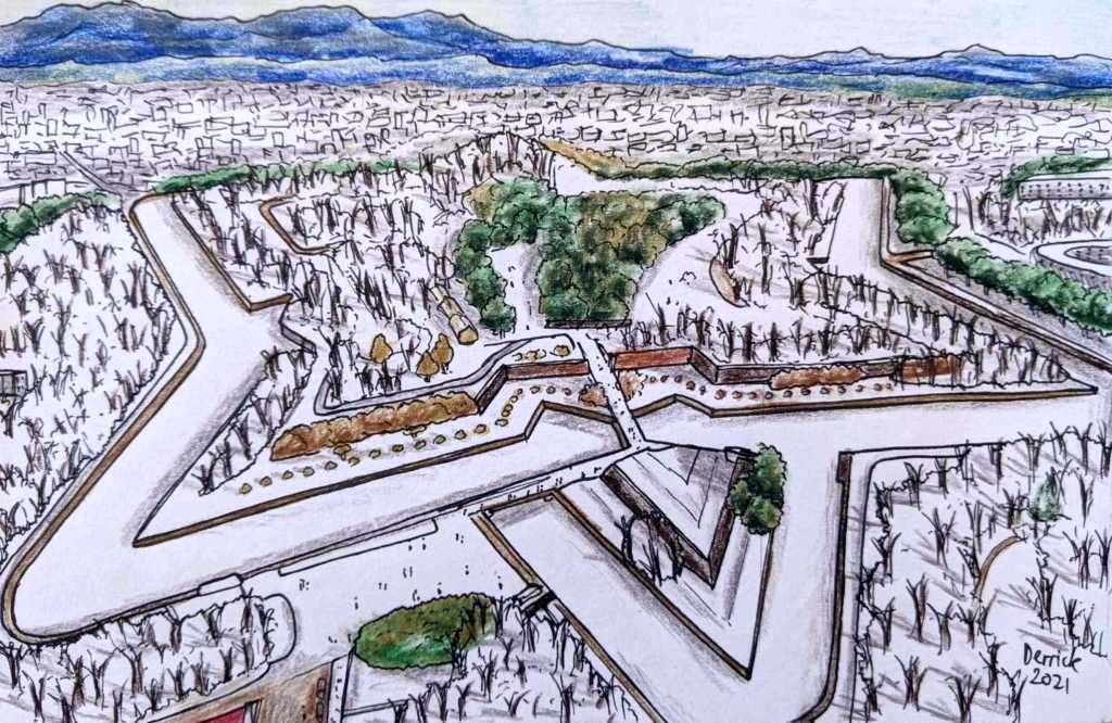 Drawing of Goryokaku Fort in the winter hakodate
