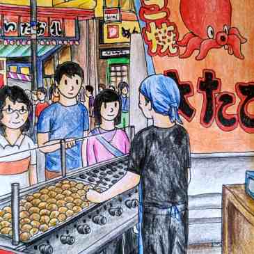 Drawing of a takoyaki market stall in Japan with a hotplate of fried octopus balls