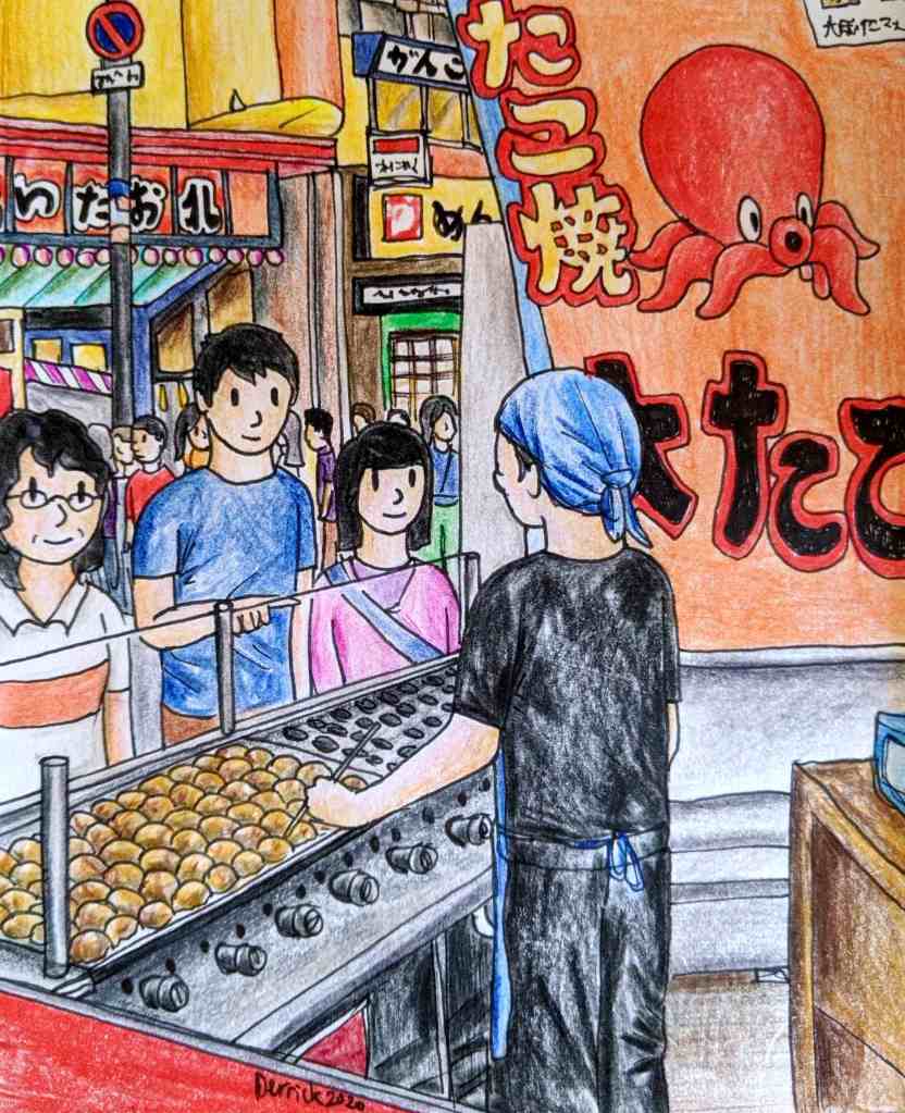 Drawing of a takoyaki market stall in Japan with a hotplate of fried octopus balls