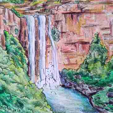 Drawing of Elands River waterfall South African waterfall sight