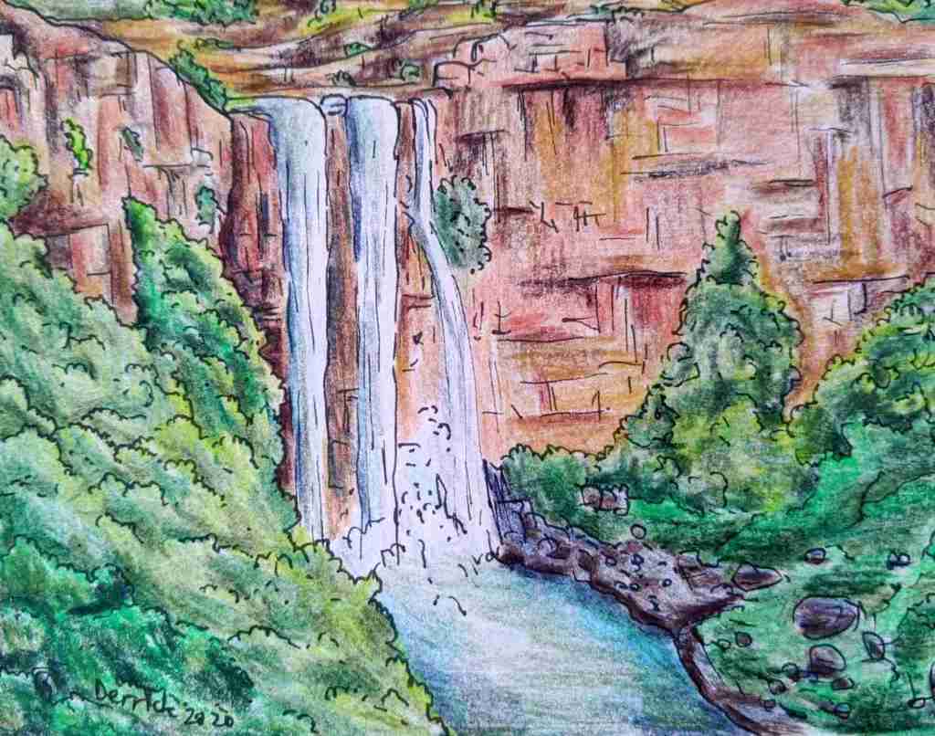 Drawing of Elands River waterfall South African waterfall sight