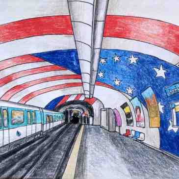 Drawing of Cadet Metro station Paris American flag theme