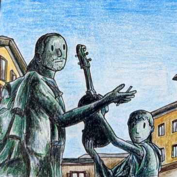 Drawing of the statue of Antonio Stradivari in the Italian city of Cremona