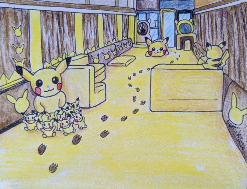 Drawing of Japanese Pokemon train Pikachu plush