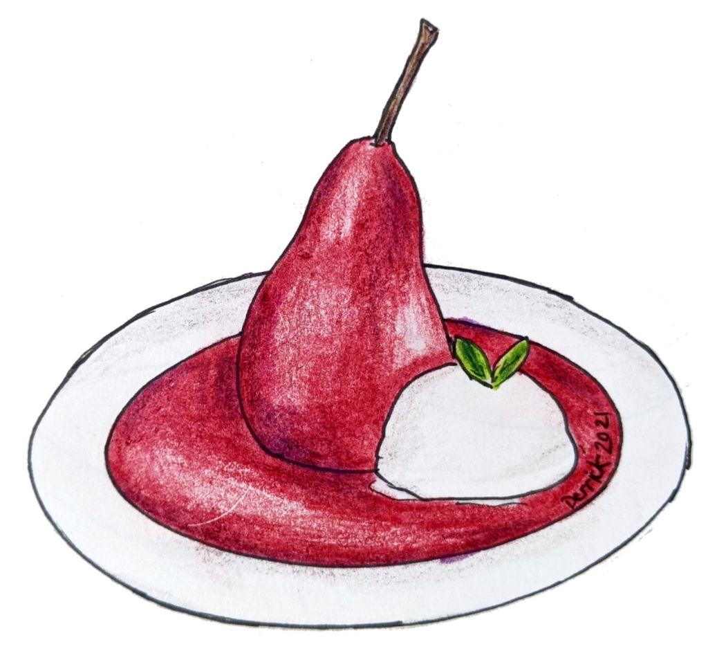 Illustrations of red wine pear dessert Poires à la Beaujolaise