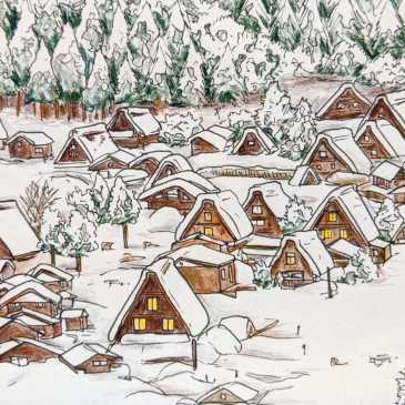 Drawing of the pointed roofs of traditional Japanese Shirakawa-Go village in the winter snow