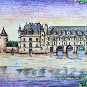 Sketch of Château de Chenonceau River bridge sunset