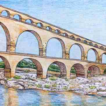 Sketch of pont du Gard Roman ruins in France water aqueduct bridge