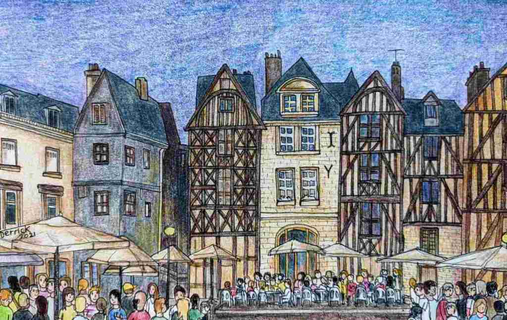 Illustration of Tours old town France half-timbered houses urban sketching