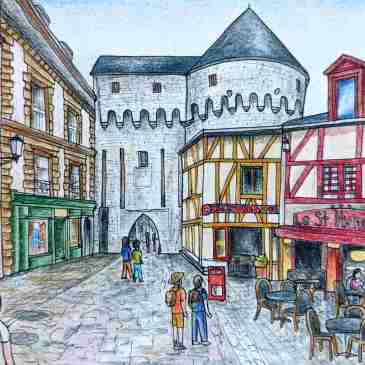 Illustration of Vannes France medieval city walls Brittany drawing