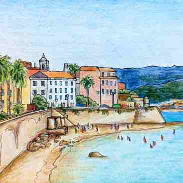 Sketching Ajaccio illustration of Corsica capital beach front