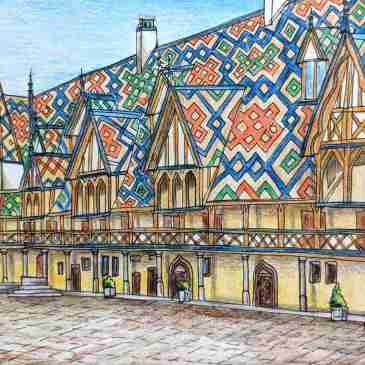 Illustration of Beaune France polychrome rooftops