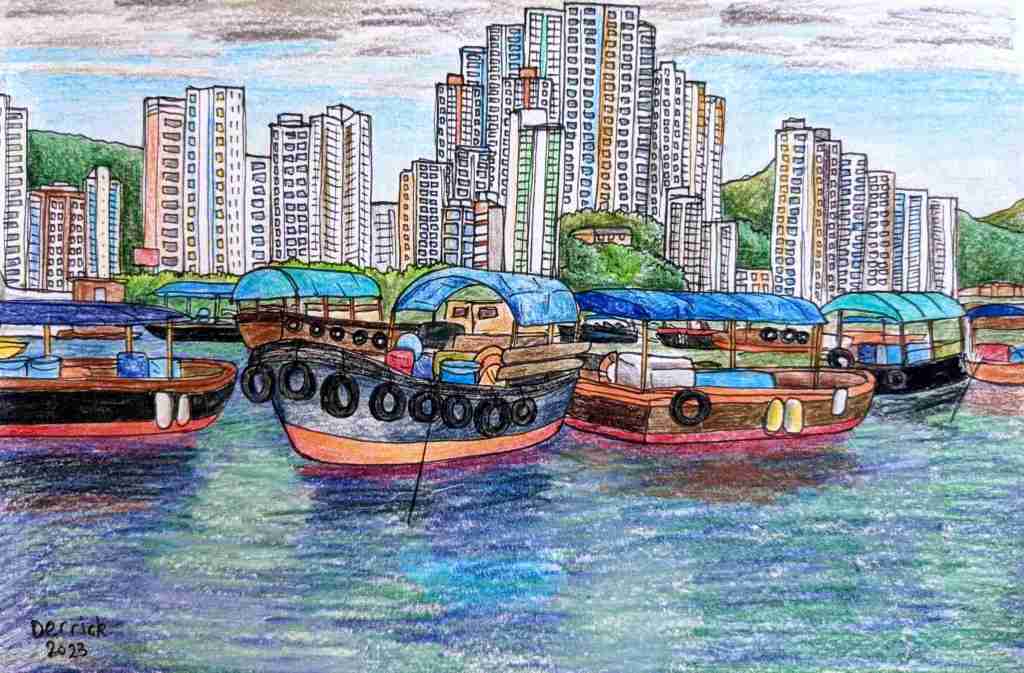 illustration of hong kong harbour with fishing boats in the bay